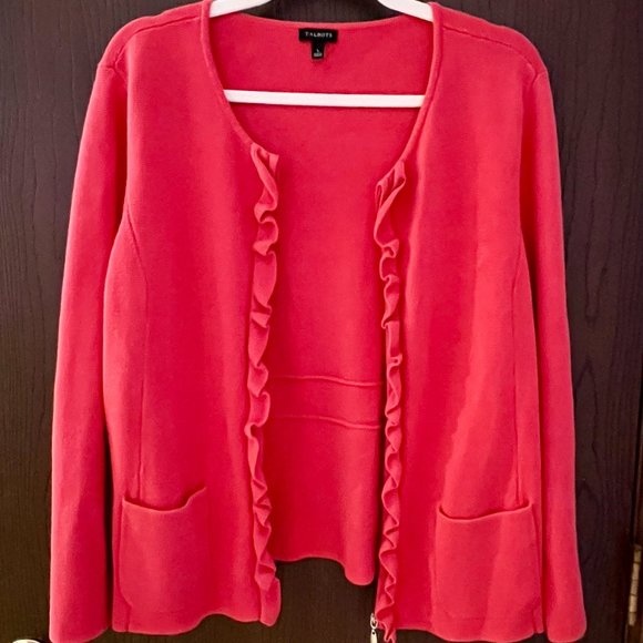 Talbots Pink Ruffle Zipper Pull Knit Cardigan - Picture 2 of 6